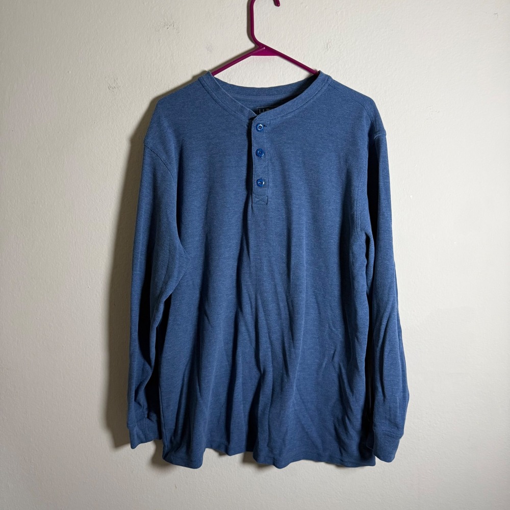LL Bean Mens Large Tall Blue Waffle Knit Long‎ Sleeve Henley Shirt 502869